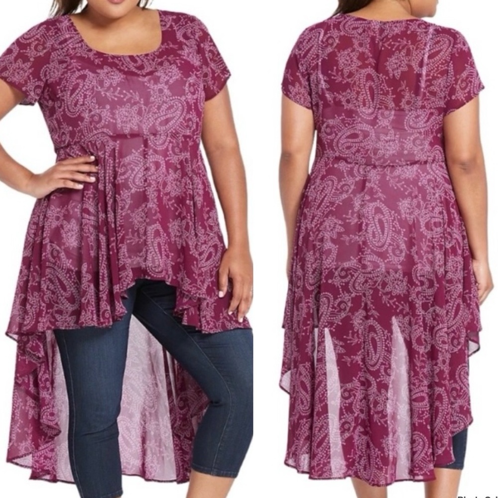 Torrid High-Low Hem Semi-Sheer Chiffon Burgundy Top
